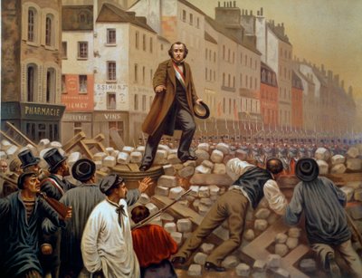 Alphonse Baudin (1811-1851) na barykadzie Faubourg Saint Antoine 3.12.1851 r. podczas zamachu stanu Ludwika Napoleona III (Ludwika-Napoleona Bonaparte) Rycina z 1851 r. autorstwa French School