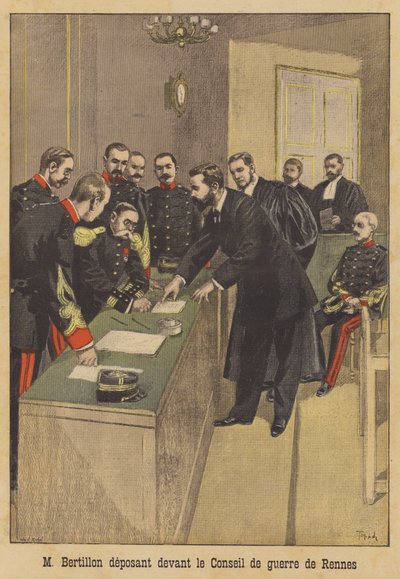 Alphonse Bertillon zeznający przed drugim sądem wojennym Alfreda Dreyfusa w Rennes autorstwa French School
