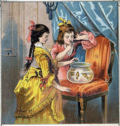 Amelie i Emma mają w słoiku dwie śliczne złote rybki. Karmią je rutynowo. Chromolitografia z „”Sceny enfantines””” wyd. Guerin - Muller około 1885 roku. autorstwa French School