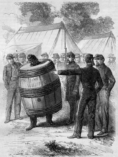 Wojna secesyjna (1861-1865): kara pijanego żołnierza armii Konfederacji. Ubrany jest w kolczyk w beczce i chodzik po obozie pod zabawnym spojrzeniem innych żołnierzy. Grawer w „Le Monde Illustré” nr 276 z 26 lipca 1862 r. autorstwa French School