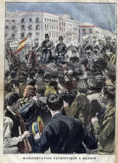 American Hispano War (lub Desastre z 1898 r.) - manifestacja patriotyczna w Madrycie w 1898 r. w obecności królowej Hiszpanii Marii Krystyny (1858-1929) - grawerowanie w „La petite Gironde” z 1898 r. autorstwa French School