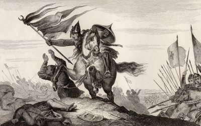 Francuski rycerz w bitwie z VIII wieku, z "Histoire de France" Colarta, opublikowanego ok. 1840 r. (rycina) autorstwa French School