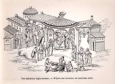 Anglosaski dom w Anglii przed przybyciem Normanów, po miniaturze z IX wieku autorstwa French School