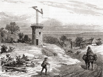 Powietrzna poczta telegraficzna w XVIII w. z Les Merveilles de la Science, wydana ok. 1870 r. (rycina) autorstwa French School