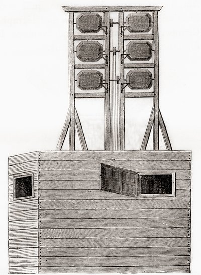 Powietrzny system telegraficzny używany w Anglii w XVIII wieku z Les Merveilles de la Science, opublikowany ok. 1870 r. (grafika) autorstwa French School