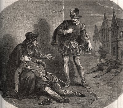 W 1582 r. na ulicach Rzymu znaleziono umierającego emisariusza króla Francji Henryka III (1551-1589). Przyniósł kompromitującą wiadomość od króla w sprawie jego siostry Małgorzaty de Valois (1553-1615), znanej jako królowa Margot. . Grawer z 1871 r. w „ autorstwa French School