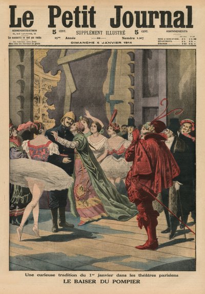 Dziwna tradycja 1 stycznia w teatrach paryskich, "pocałunek strażaka", ilustracja na okładce z "Le Petit Journal", supplement illustre, 4 stycznia 1914 r. autorstwa French School