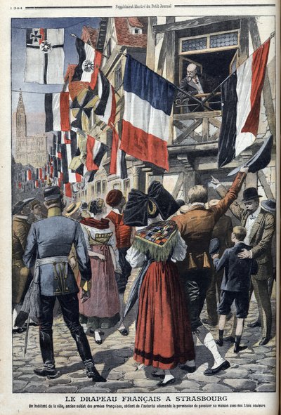 Stary francuski żołnierz w okupowanym przez Niemców Strasburgu może wywiesić francuską flagę – „Le Petit Journal” 20 września 1908 (rycina) autorstwa French School