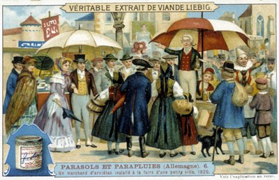 Kupiec orwietański (szarlatan) zainstalowany na targach w małym miasteczku w Niemczech - Etykieta reklamowa Liébig, v.1900 autorstwa French School