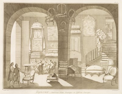 Sklep tapicerów, z Encyclopedie des Sciences et Metiers autorstwa Denisa Diderota (1713-84) wydanego ok. 1770 autorstwa French School