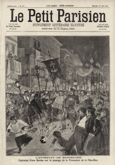 Anarchistyczny atak bombowy na procesję Bożego Ciała opuszczającą kościół Santa Maria, Barcelona, Hiszpania autorstwa French School