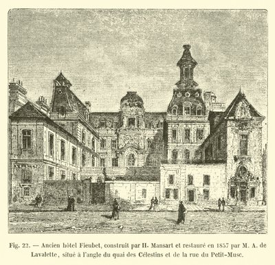 Dawny hotel Fieubet, zbudowany przez H Mansarta i odrestaurowany w 1857 przez MA de Lavalette, położony na rogu Quai des Celestins i Rue du Petit-Musc autorstwa French School