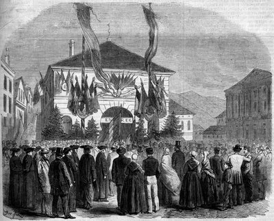 Aneksja Sabaudii do Francji, Chambery, 22 kwietnia 1860: głosowanie ludności w sprawie przyłączenia Sabaudii do Francji. Grawer w „Le Monde Illustré” nr 160 z 5 maja 1860 r. autorstwa French School
