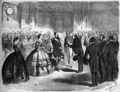 Przyłączenie Sabaudii do Francji, Paryż, 22 marca 1860 r.: przyjęcie Amedee Greyfie de Bellecombe (1811-1879) i Deputacji Sabaudii przez cesarza Napoleona III (1808-1873) i cesarza Eugenię de Montijo (1826-1920) w Tuilery. Grawerowanie w „” Le Mo autorstwa French School