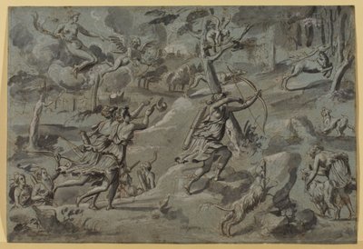 Anonimowy po Mistrzyni Gobelinu Diany, Diane, polująca ze swoimi towarzyszami, na celowniku Amour łucznika, ok. godz. 1590-1600, szare pranie autorstwa French School