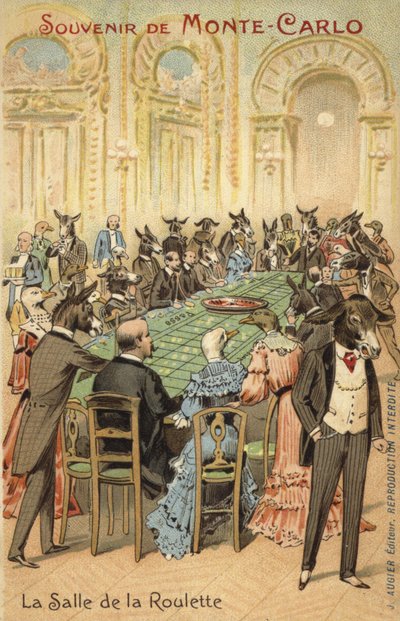 Antropomorficzna ilustracja przedstawiająca szaleństwo kasyna w Monte Carlo (kolorowa litografia) autorstwa French School