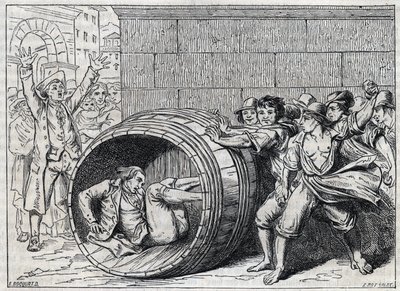 Prześladowania antysemitów w XVII w.: Żyd tarza się w beczce przez mieszkańców Rzymu. Ilustracja do „”Meo Patacca””, wiersz Giuseppe Berneri (1637-1700). Grawerowanie przez Bocourt. autorstwa French School