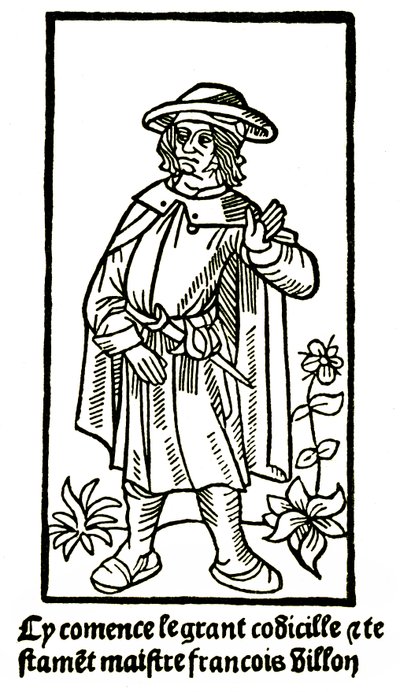 Apokryficzny portret poety Francois Villon w „Wielkim Testamencie” – „Cy comence le grant codicille & testamet maistre Francois Villon”” (tu zaczyna się wielki codicille et testament) wydanie P Levet 1489 (drzewryt) autorstwa French School