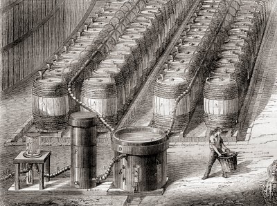 Aparatura używana do wytwarzania gazowego wodoru poprzez działanie kwasu siarkowego na żelazo podczas napełniania balonu, z „Les Merveilles de la Science”, opublikowanej ok. 1870 r. (lito) autorstwa French School