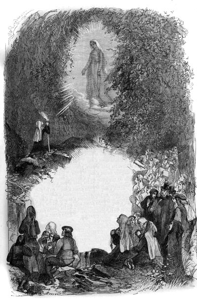 Ukazanie się Matki Boskiej Bernadetcie Soubirous (1844-1879) w jaskini Lourdes, Hautes Pyrenees (65) autorstwa French School
