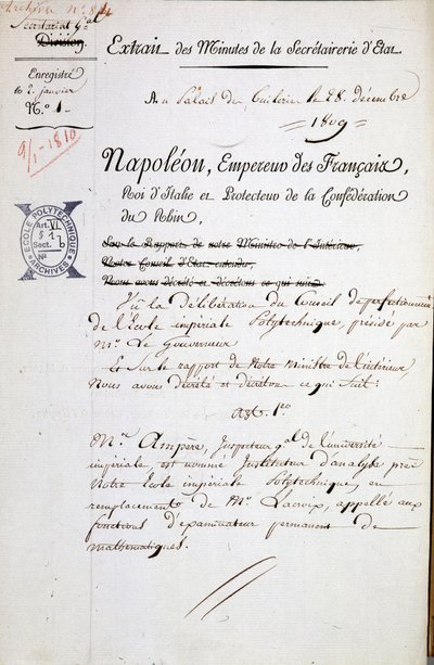 Mianowanie przez Napoleona André Marie Ampère na inspektora Politechniki - Wyróżnienie obowiązkowe: Archiwum Biblii. z Politechniki Ecole autorstwa French School
