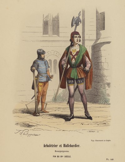 Kusznik i Halberdier, Burgundowie, koniec XV w. (kolorowa grawerunek) autorstwa French School