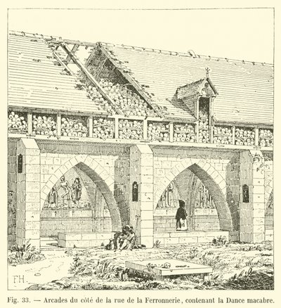 Arkady od strony rue de la Ferronnerie, zawierające Taniec Śmierci autorstwa French School