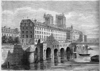 Architektura: widok zewnętrzny Hotelu Dieu na Ile de la Cite w Paryżu, przed jego rozbiórką. Widok z Quai de la Tournelle w 1859 r. Grawer w „Le Monde Illustré” nr 136 z 19 listopada 1859 r. autorstwa French School