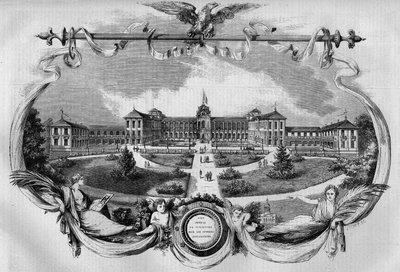 Architektura: fasada szpitala zwanego „Imperial Asylum w Vincennes” dla pracowników rekonwalescencji, zainaugurowanego w 1857 roku. Dziś nazywany jest „Szpitalem Narodowym św. Maurycego”, św. Maurycego (94). Grawerowanie w „”Le Monde Illustré””n°20 z dnia  autorstwa French School