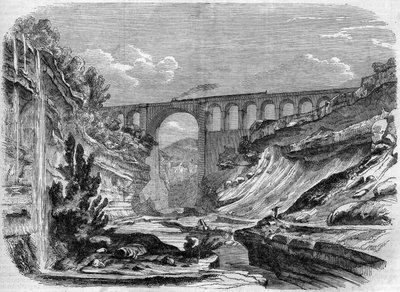Architektura: widok na wiadukt Valserine (Rodan-Alpy) na linii kolejowej łączącej Lyon z Genewą. 1858. Grawer w „”Le Monde Illustré””n°48 z 13 marca 1858. autorstwa French School