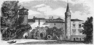 Architektura: widok na zamek Saint Point (Saint-Point) (XIII w.), rezydencja Alphonse de Lamartine. Saone i Loire (71). Grawer w „”Le Monde Illustré””n°29 z 31 października 1857 r. autorstwa French School