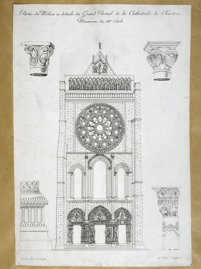 Architektura: widok wielkiego portalu Cathedrale de Chartres - Pomnik XII-wiecznej płyty z XIX wieku autorstwa French School