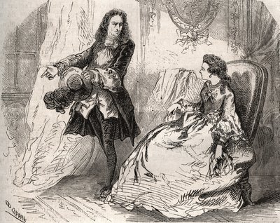 Armande Bejart (1641-1700), żona Jeana Baptiste Poquelin dit Moliere (1622-1673) ze swoim kochankiem, hrabią Guiche, Rycina z 1871 roku w „Histoire Des Cocus Celebres” Henry de Kocka (1819-1892). autorstwa French School