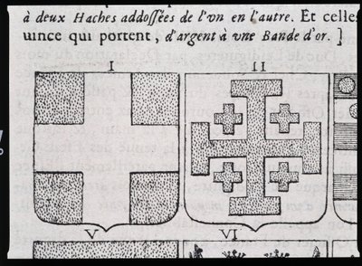 Armes de Montmorency et Godefroy de Bouillon - w „”The vraye and perfect science of herb or index of arms”” Pierre Paillot autorstwa French School