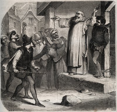 Arnaud du Tilh (Thil) jest przywiązany do szubienicy i przed egzekucją poddany zniewagom tłumu za uzurpację tożsamości Martina Guerre (ok. 1524, ok. 1560). Grawerunek z 1871 r. w „Histoire Des Cocuses Celebres” Henry