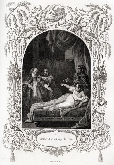 Aresztowanie papieża Silvere (Silverio) (papieża od 536 do 537). Rycina ilustrująca Histoire des Popes Maurice