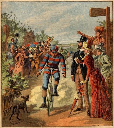 Przybycie wyścigu kolarskiego na francuskiej wsi. Grawer w „”La Terre Illustree”” nr 81 z 19 maja 1892 r. autorstwa French School
