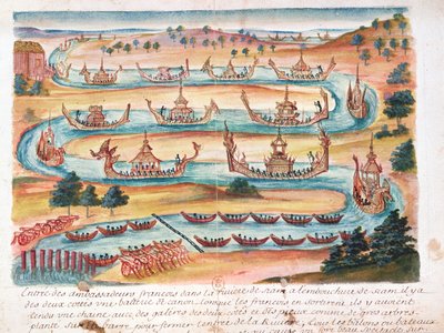 Przybycie ambasadorów francuskich do Syjamu, z relacji jezuitów w Syjamie, 1688 (wc na papierze) autorstwa French School