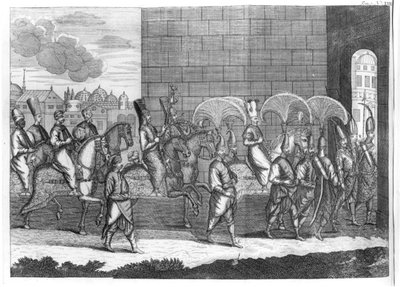Przybycie sułtana Mustafy do Konstantynopola z Podróży s. A. de la Motraye po Europie, Azji i Afryce, opublikowane w 1727 r. autorstwa French School