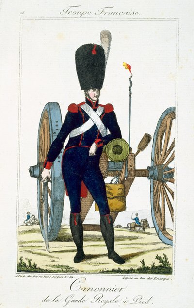 Artylerzysta Gwardii Królewskiej z armatą, z Troupes Francaises, wyd. chez Basset, Paryż, ok. 1790 autorstwa French School