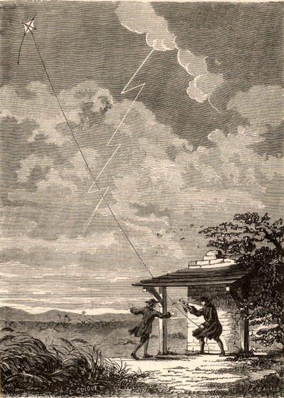 Wizerunek Benjamina Franklina badającego elektryczną naturę błyskawicy, z "Les Merveilles de a Science", autorstwa Louisa Figuiera, ok. 1870 r. (rycina) autorstwa French School