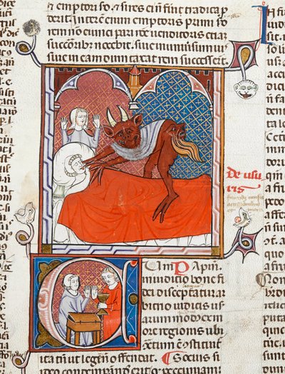 Arundel 484 f.245 Diabeł lub demon na łóżku zmarłego, ilustracja z Digestum Vetus z gloss ordinaria, Justynian, ok. 1300-10 (welum) autorstwa French School
