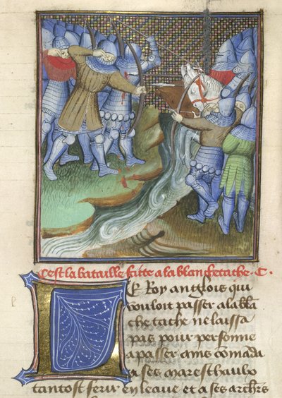 Arundel 67, f.144, średniowieczni żołnierze walczący po drugiej stronie rzeki, z Chroniques d