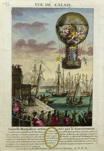 Wejście balonu na ogrzane powietrze Mongolfiere w Calais w 1785 r. autorstwa French School
