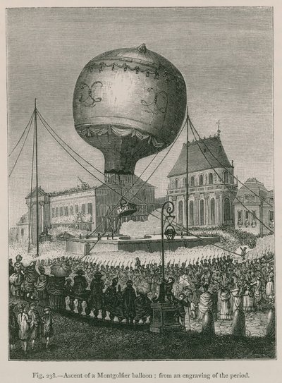 wzlot balonu Montgolfier; z rycin z epoki autorstwa French School