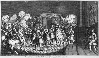 Zamach na króla Ludwika XV (1710-1774) dokonany przez Roberta Francois Damiensa 5 stycznia 1757 autorstwa French School
