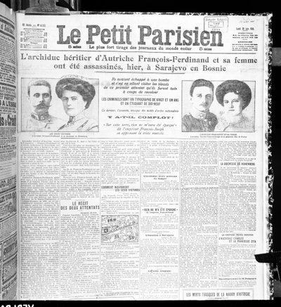 Zamach na arcyksięcia Franciszka Ferdynanda Austrii (1863-1914) i jego żony z Le Petit Parisien, 29 czerwca 1914 autorstwa French School