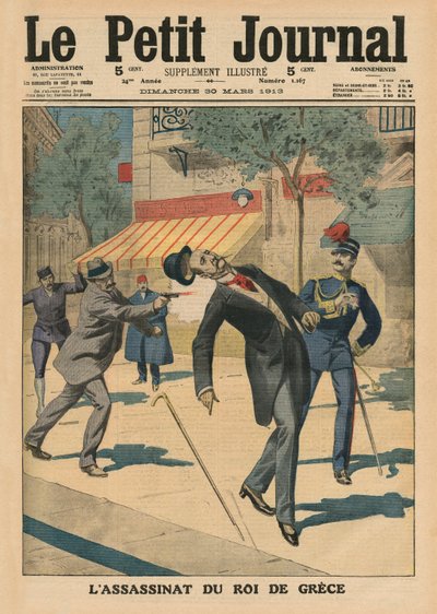 Zamach na króla Grecji Jerzego I, ilustracja na okładce z „Le Petit Journal”, dodatek illustre, 30 marca 1913 (kolor lito) autorstwa French School