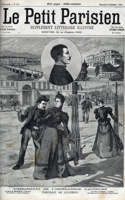 Zabójstwo cesarzowej Elżbiety Austrii (Sissi) przez włoskiego anarchistę Luccheni w Genewie w 1898 r. Okładka „”Le petit Parisien”” z 1898 r. – Zabójstwo cesarzowej Elżbiety Austrii (Sissi) przez włoskiego anarchistę Luigiego Lucheni, w Genewie autorstwa French School