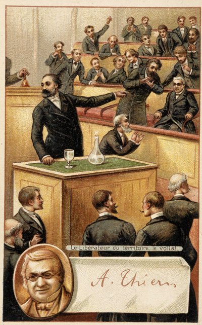 Zgromadzenie dopingujące Thiersa „”wyzwoliciela terytorium”” i portret w medalionie - chromo., koniec XIX wieku. autorstwa French School